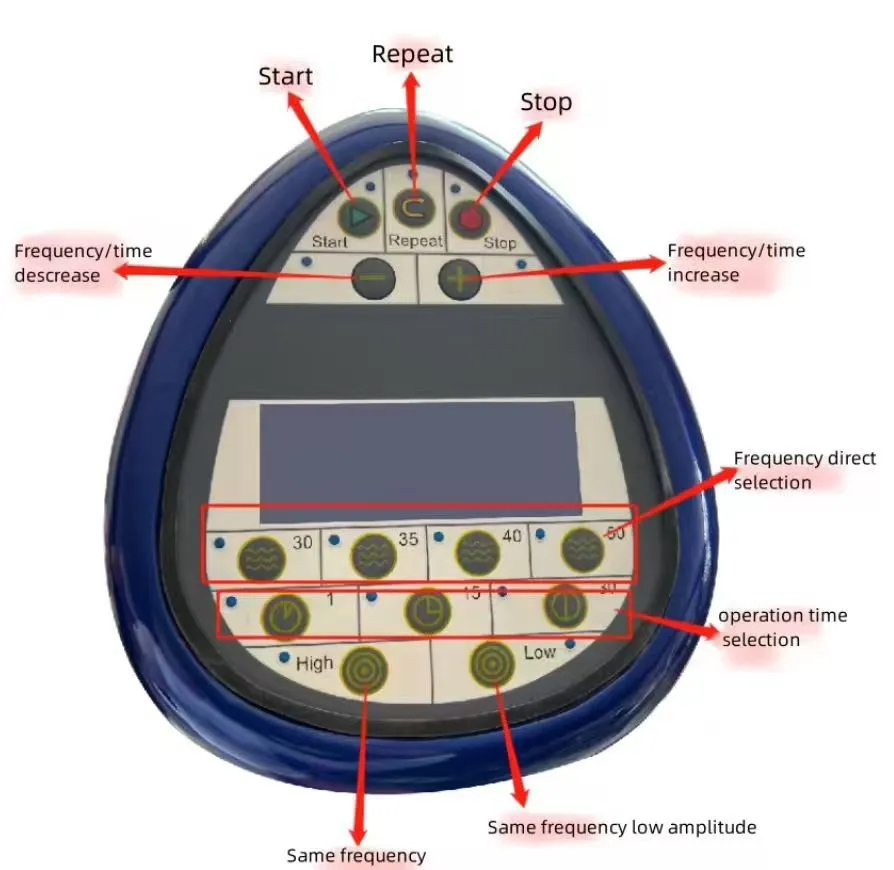 OxyVibe Pro control panel with labeled buttons: start, repeat, stop, frequency and time increase and decrease, direct frequency selection at 30, 35, 40 and 50 Hz, operation time selection, and same-frequency high and low amplitude